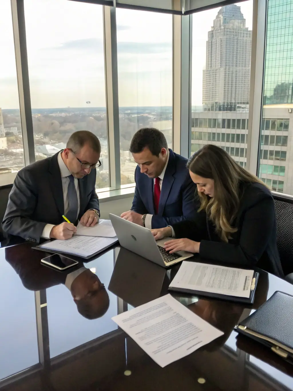 A professional real estate lawyer reviewing property documents in a modern office setting, symbolizing thorough legal consultation.