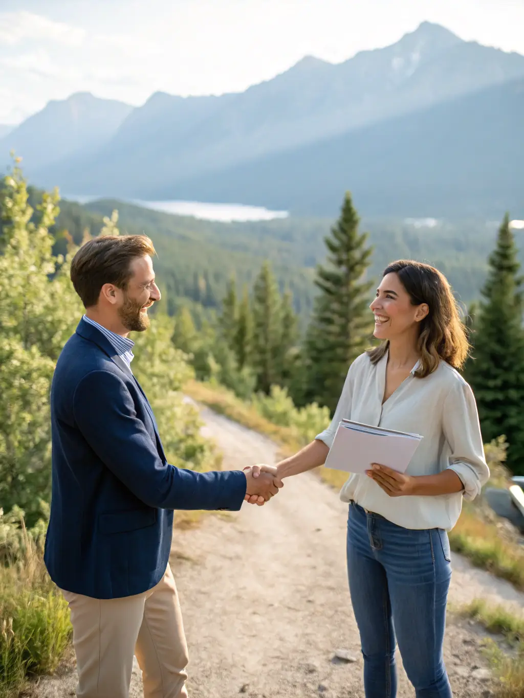 A handshake between a lawyer and a client in front of a Swiss property, symbolizing trust and partnership.