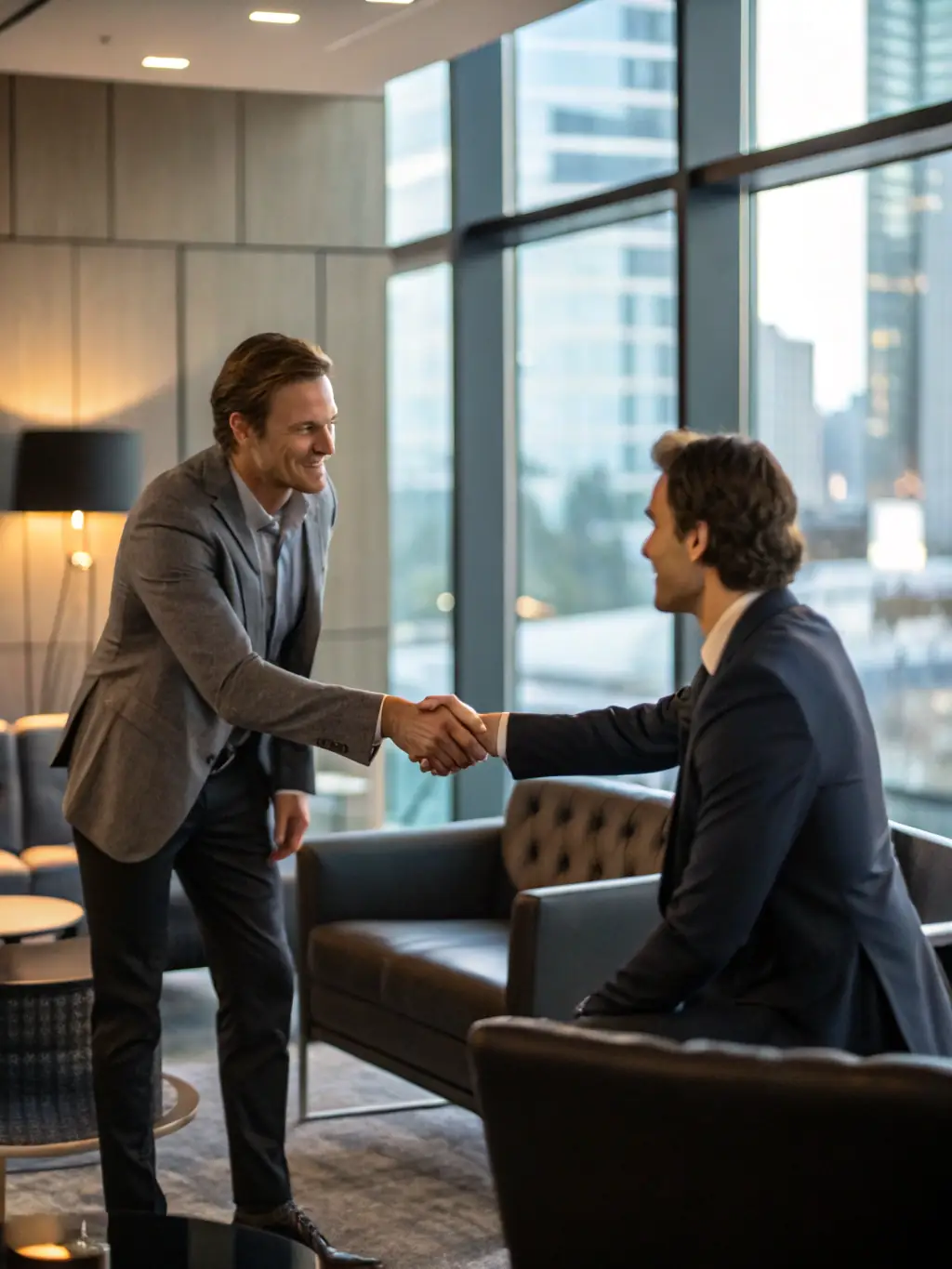 A handshake between a lawyer and a client in front of a modern apartment building in Switzerland, symbolizing trust and successful property acquisition.