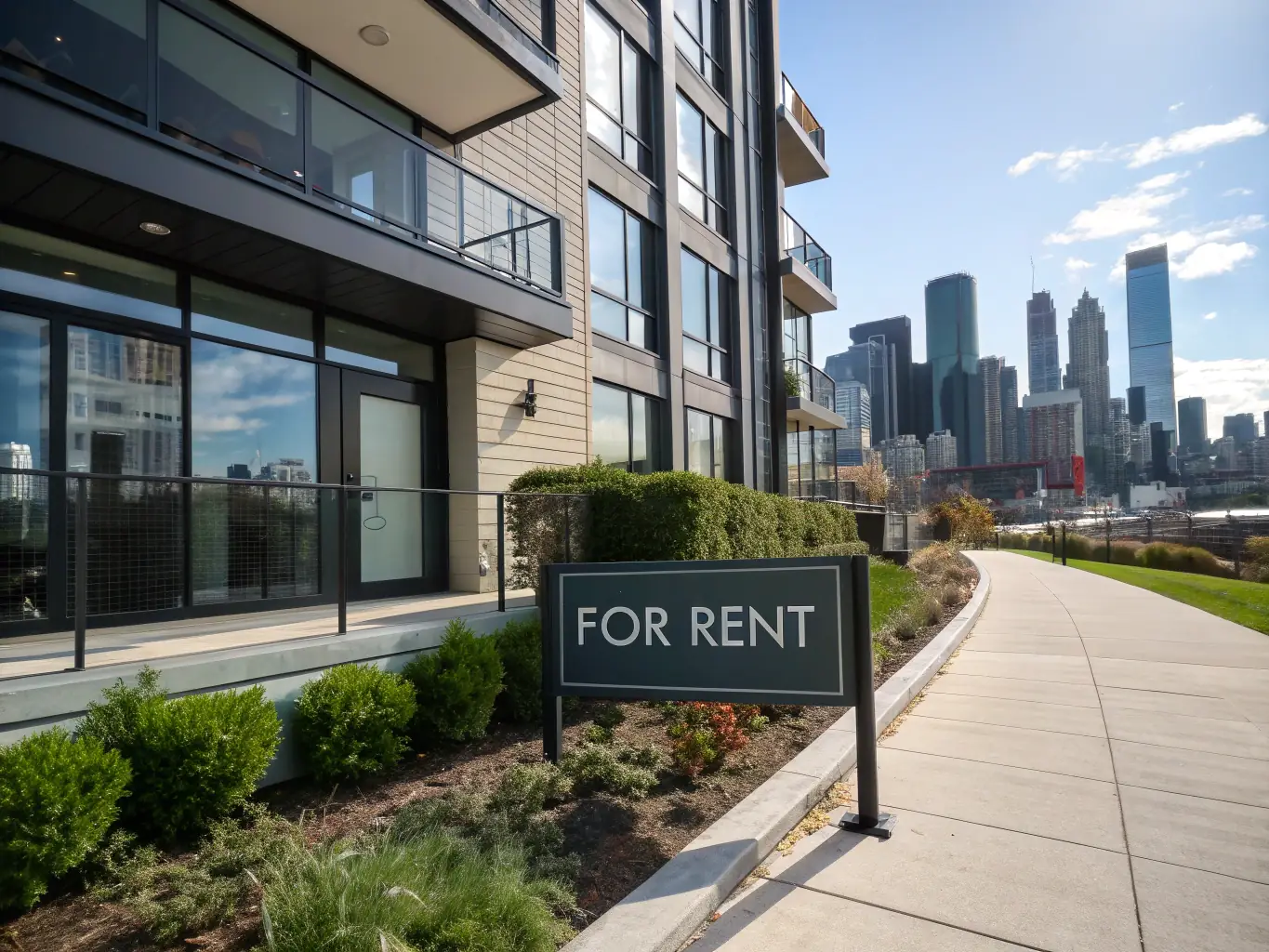 A modern Swiss apartment building with a 'For Sale' sign, emphasizing legal security and transparency in real estate transactions.