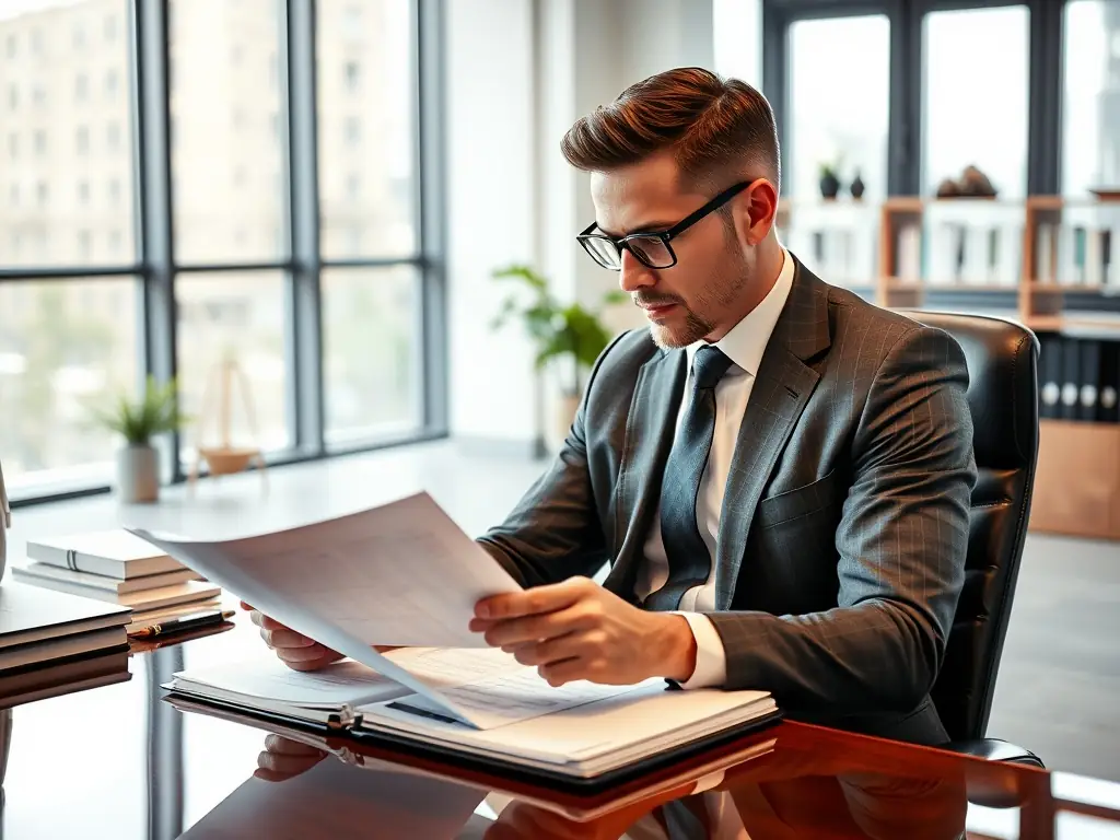 A professional real estate lawyer reviews a purchase agreement in a modern office setting, focusing on key clauses and legal implications.