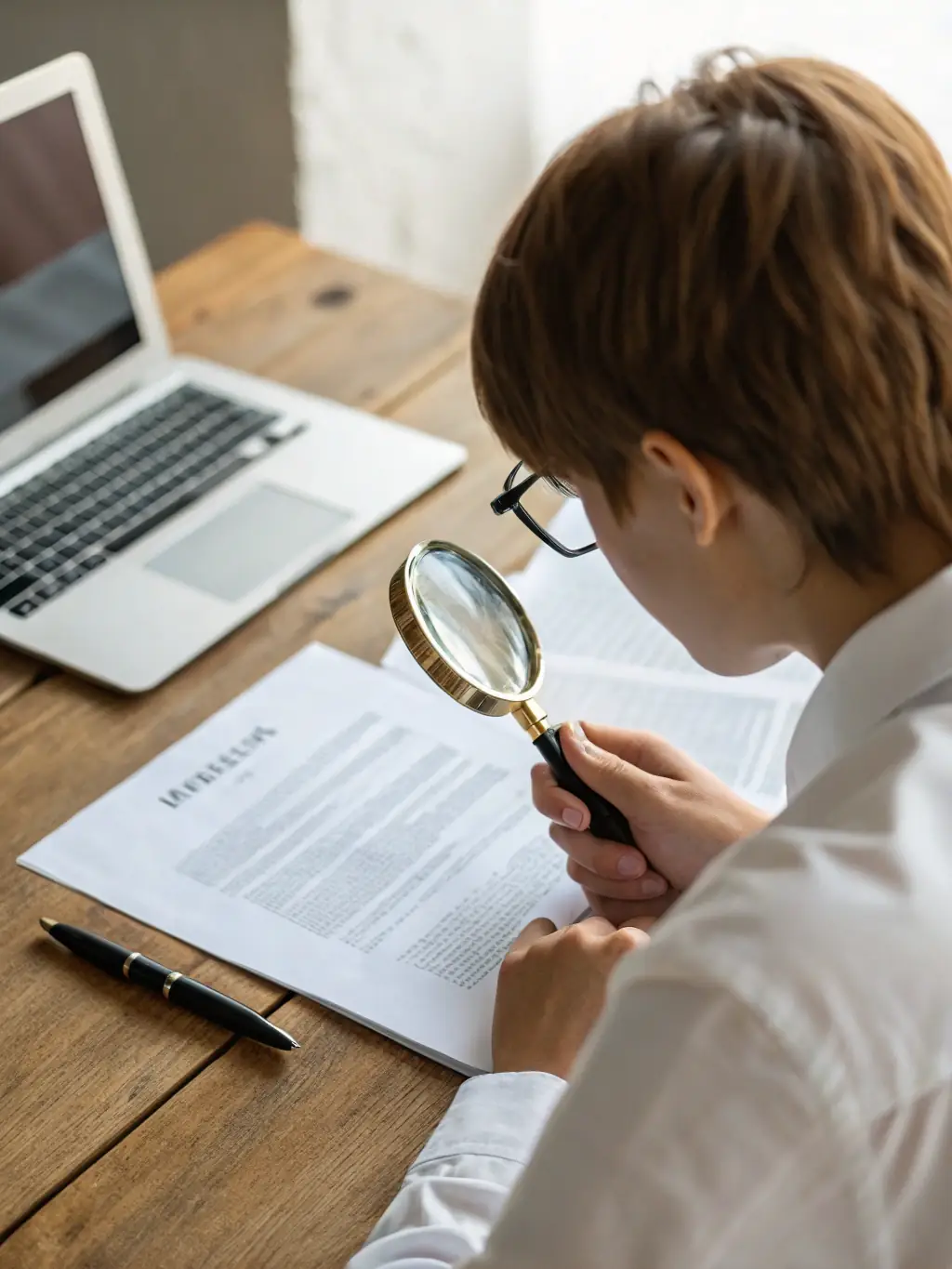 A professional lawyer reviewing property documents with a magnifying glass, ensuring all legal aspects are covered for a client purchasing property in Switzerland.