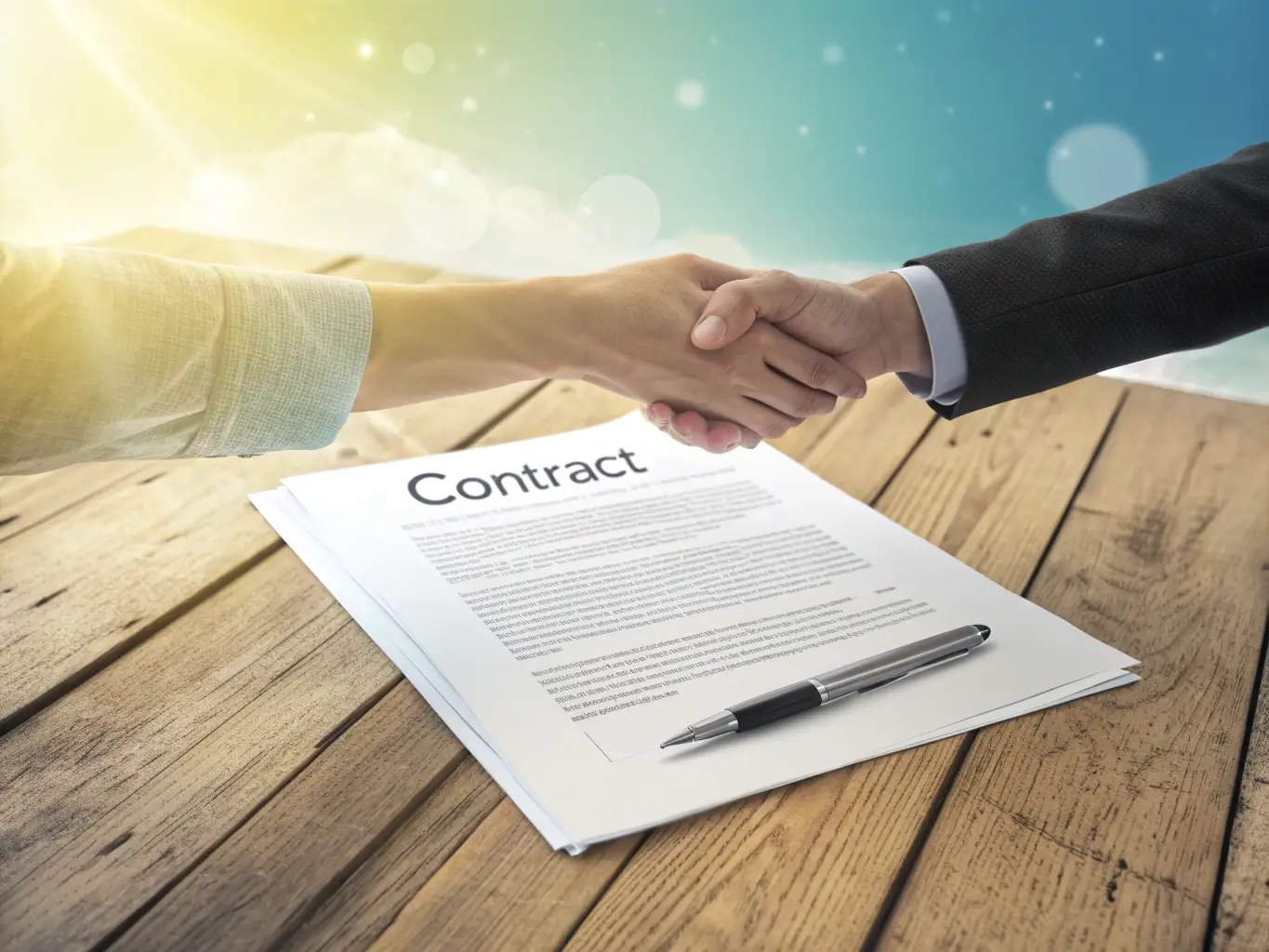 A modern, minimalist graphic representing a signed contract with a handshake, symbolizing agreement and legal closure.