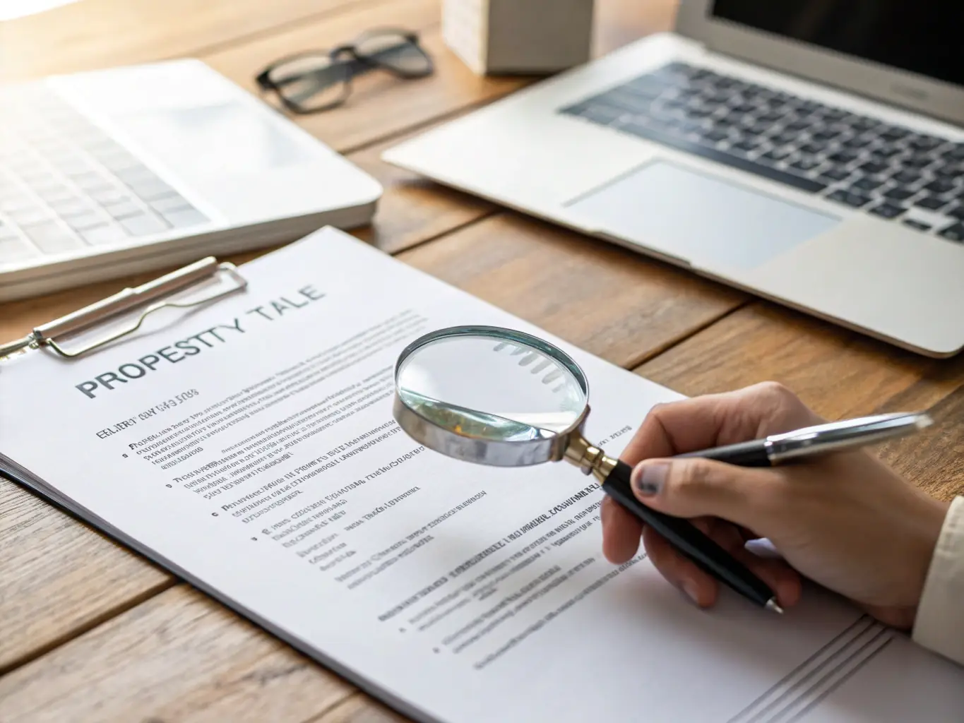 A detailed close-up shot of a lawyer's hands reviewing property documents with a magnifying glass, emphasizing due diligence.