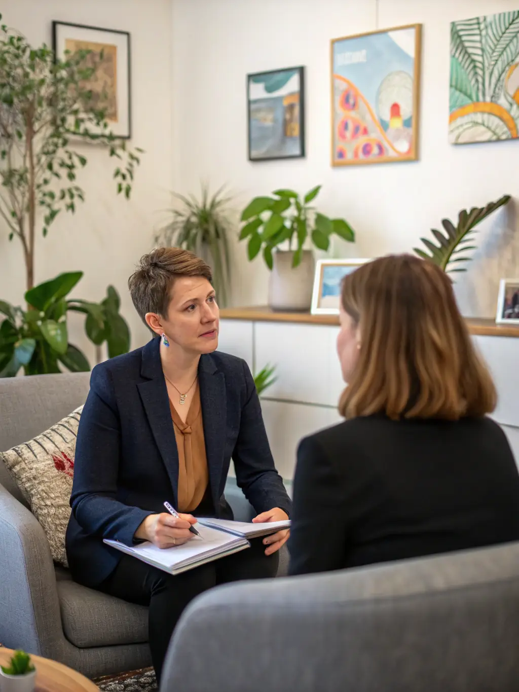 A lawyer explaining legal concepts on a tablet to a client, simplifying complex information about property law in Switzerland.