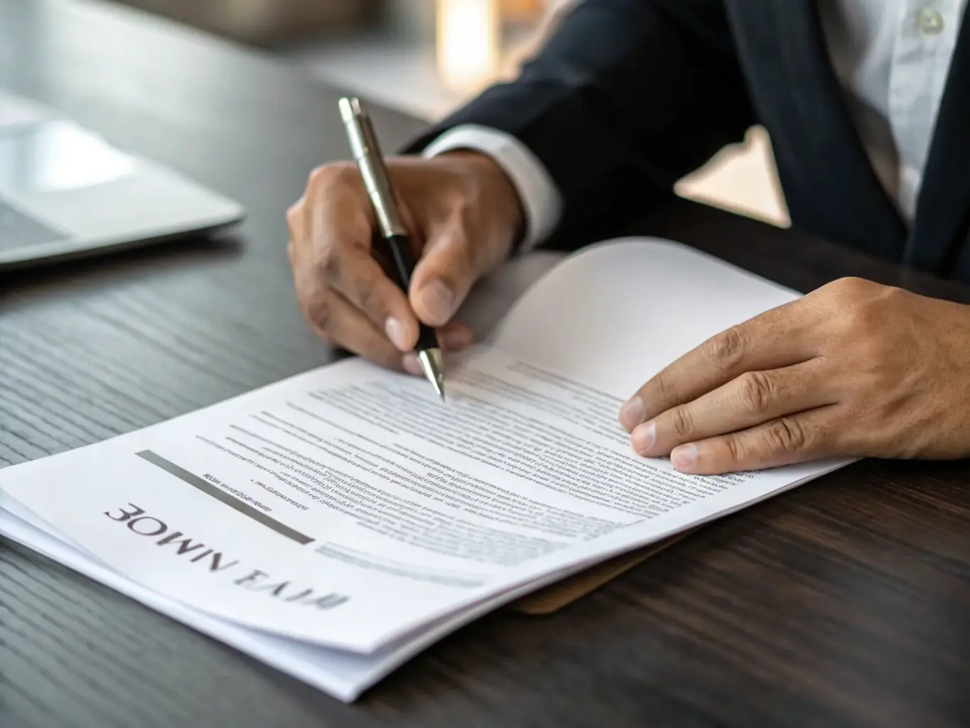 A close-up of a legal contract being reviewed with a magnifying glass, symbolizing thorough due diligence in real estate transactions.