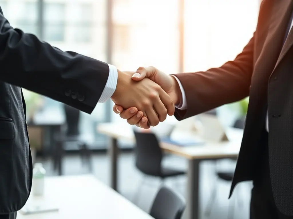 A handshake between two people in front of a Swiss notary's office, symbolizing the successful completion of a real estate transaction with legal support.
